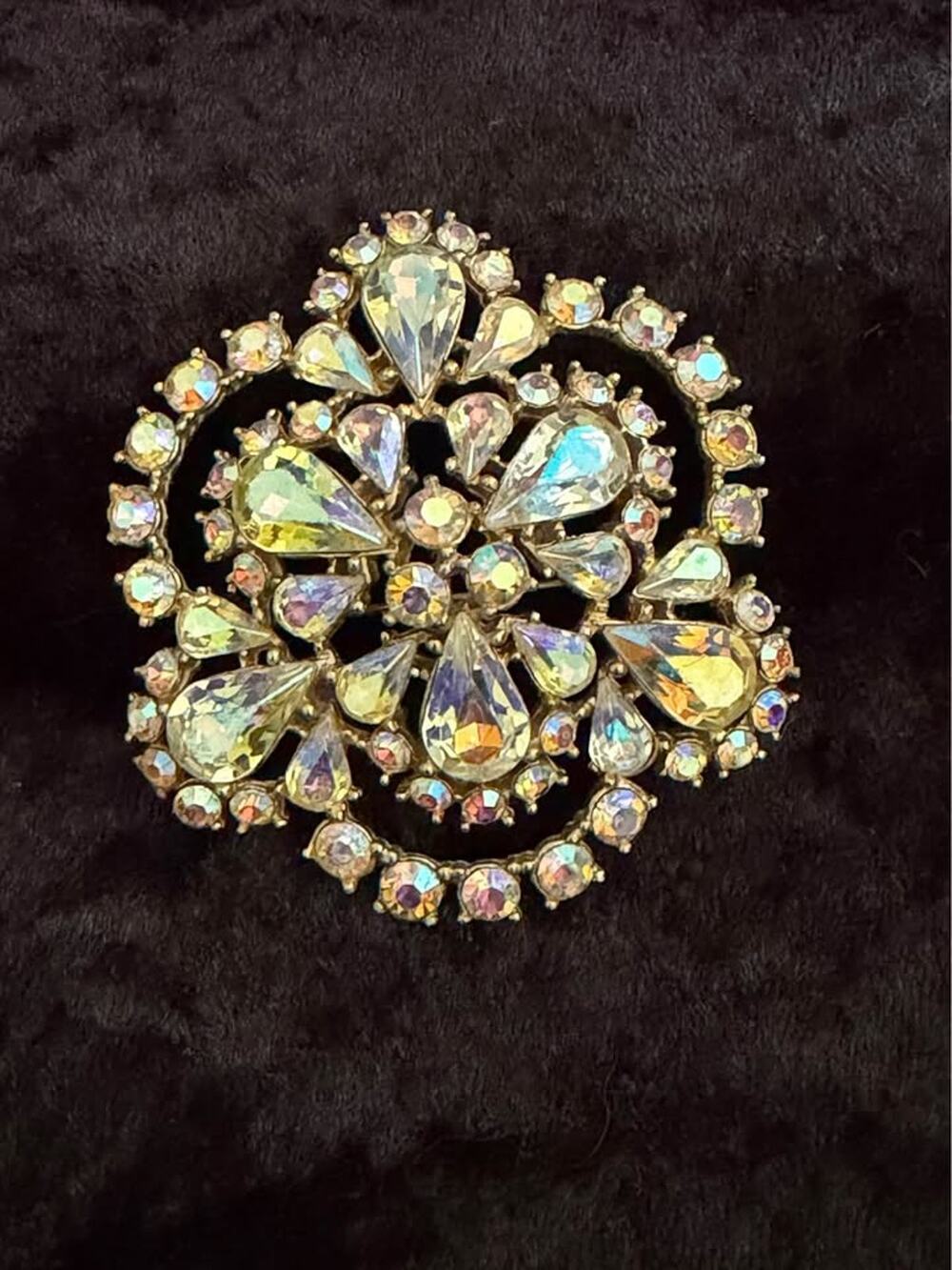 Vintage Aurora Borealis AB Rhinestone Brooch Teardrop Statement Pin 1950s 60s